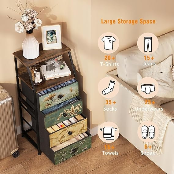 Vintage 4-Drawer Bedside Cabinet Chest with Shelves | Slim Storage Unit