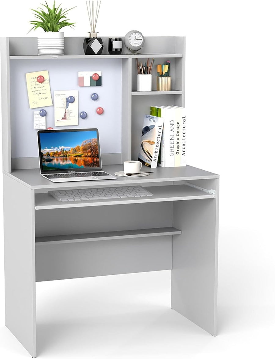 Computer Desk with Hutch Storage Keyboard Tray Study Workstation Grey
