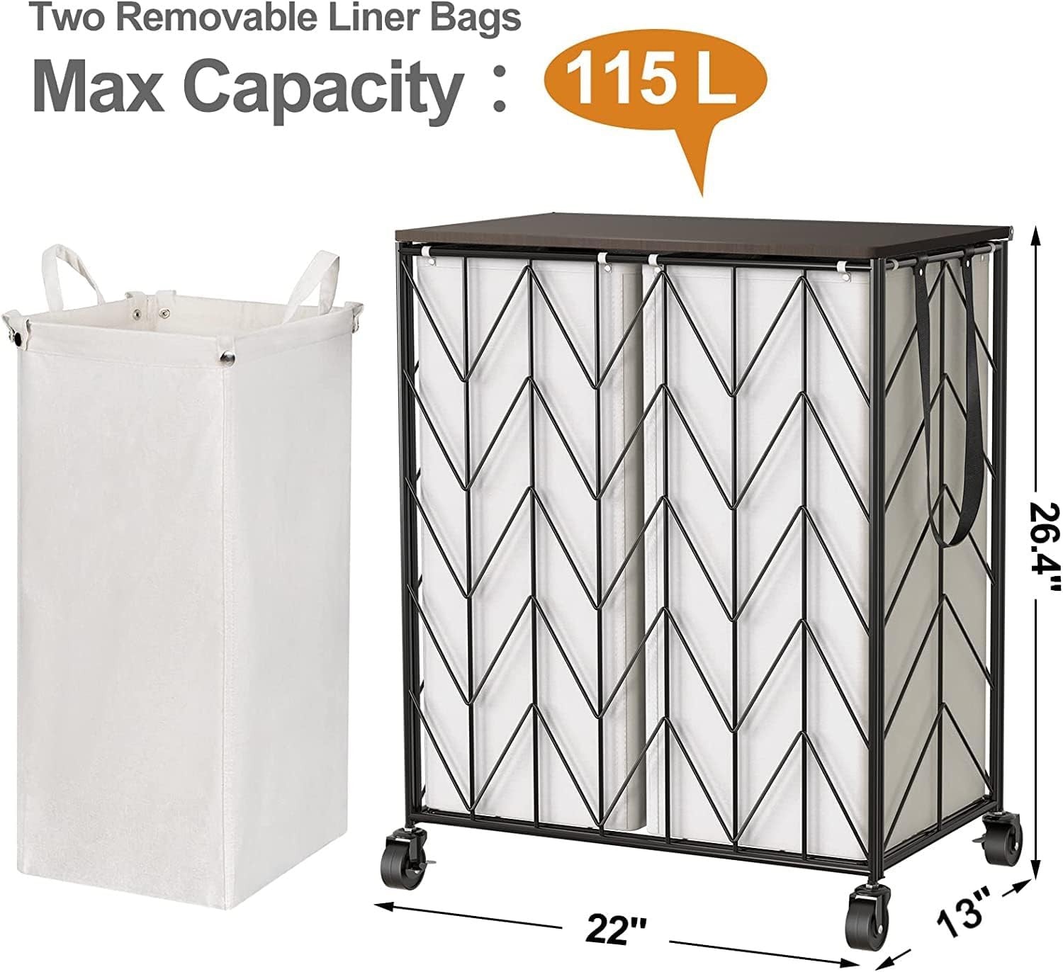 115L Laundry Hamper Beige with Wheels Wood Lid Heavy Duty Basket Removable Bag