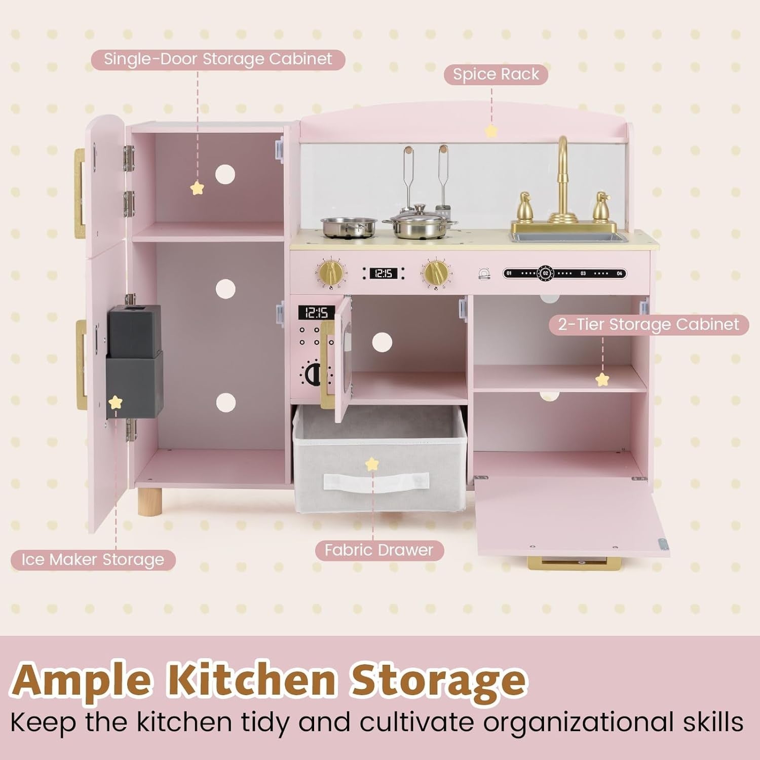 Wooden Kids Play Kitchen Pink w/ Ice Maker Sink Blackboard Toy Set