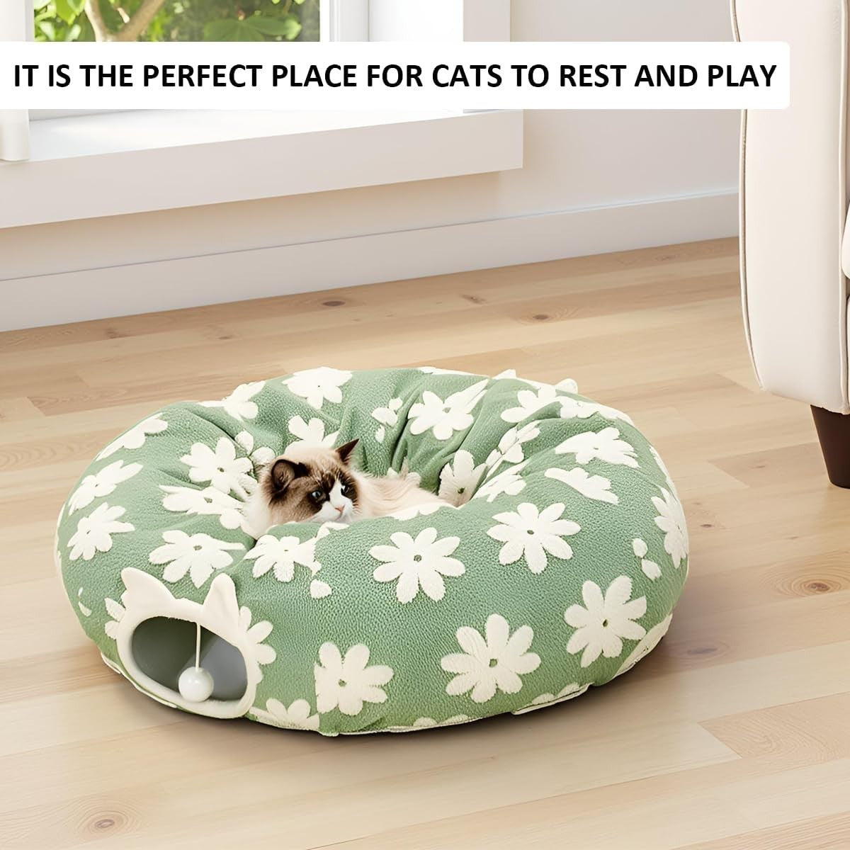 2 in 1 Cat Tunnel Bed Donut Play Toy w Washable Cushion Green