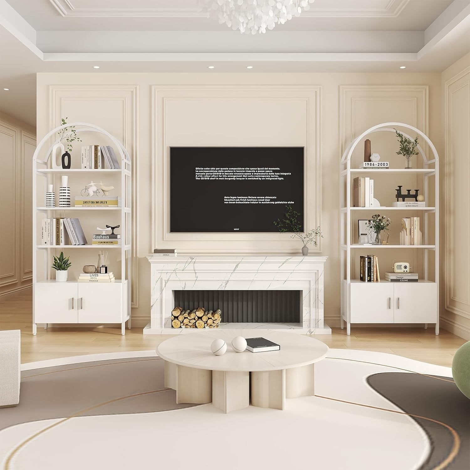 Tall Arched Bookshelf with Drawers 5 Tier Metal Frame Display Shelf White