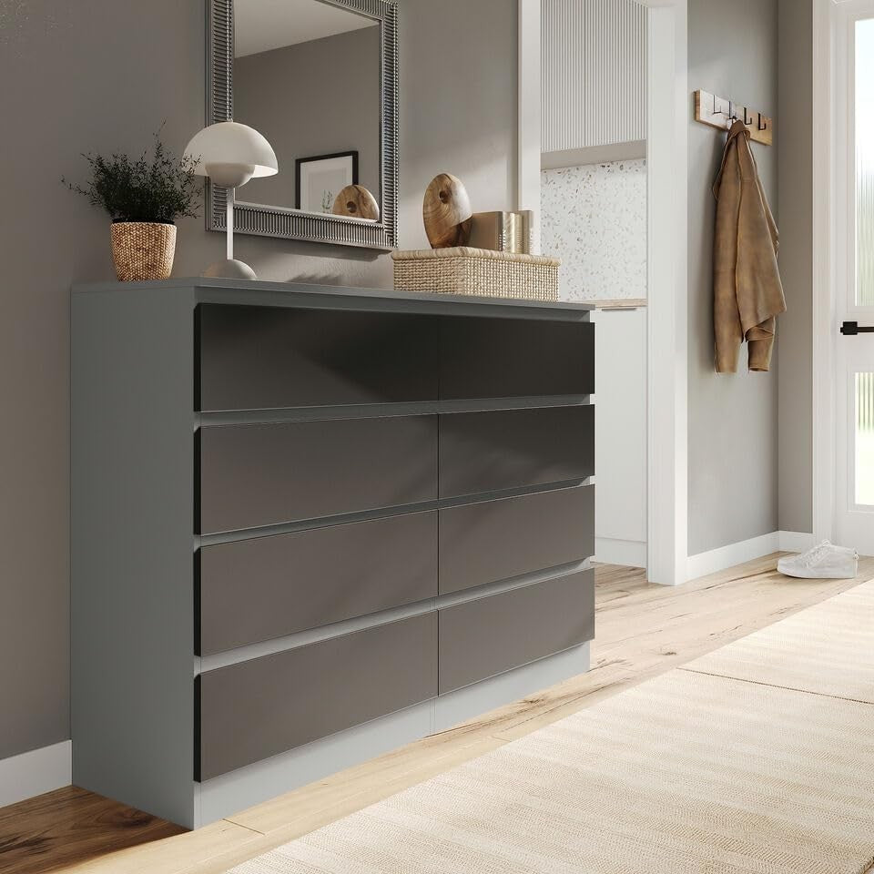 Modern 8 Drawer Chest Black Storage Cabinet Grey Unit for Bedroom Office
