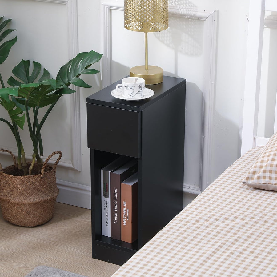 Slim Black Bedside Table with Shelf & Drawer, Modern Narrow Nightstand Storage