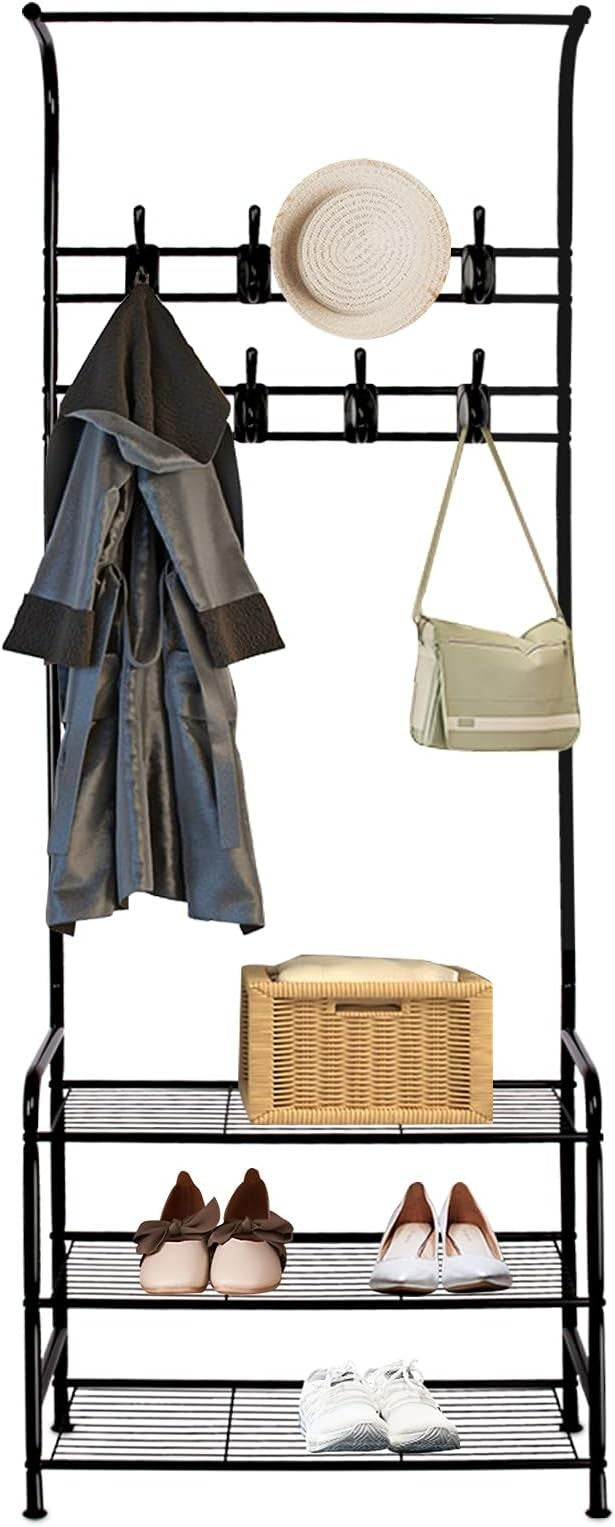 Freestanding Coat Rack with Shoe Bench & Hooks | Black Metal Hall Tree Organizer