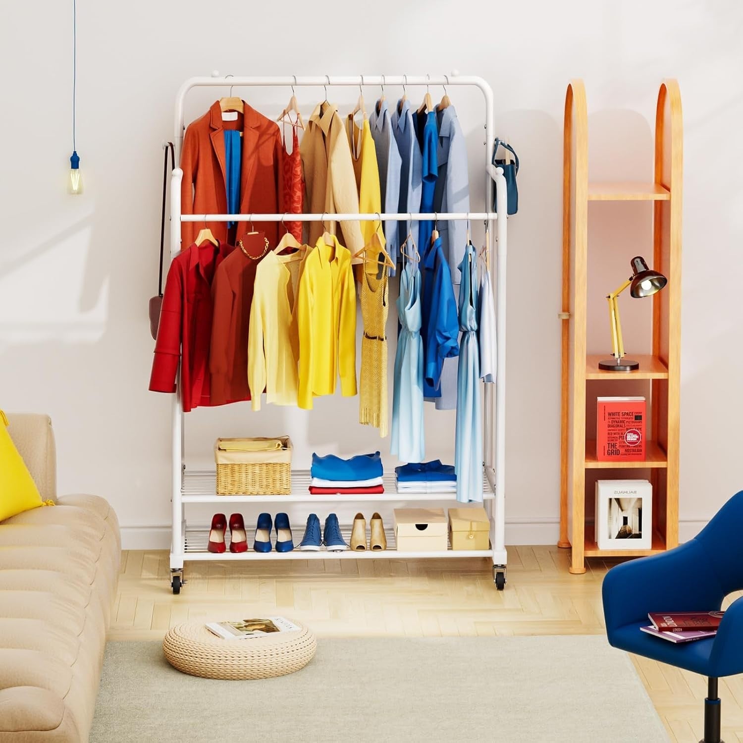 Heavy Duty Double Rod Clothes Rail with Wheels – White 72×41×155cm