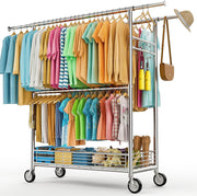 Heavy Duty Extendable Clothes Rail with Wheels, Storage Basket & 3 Hanging Rods