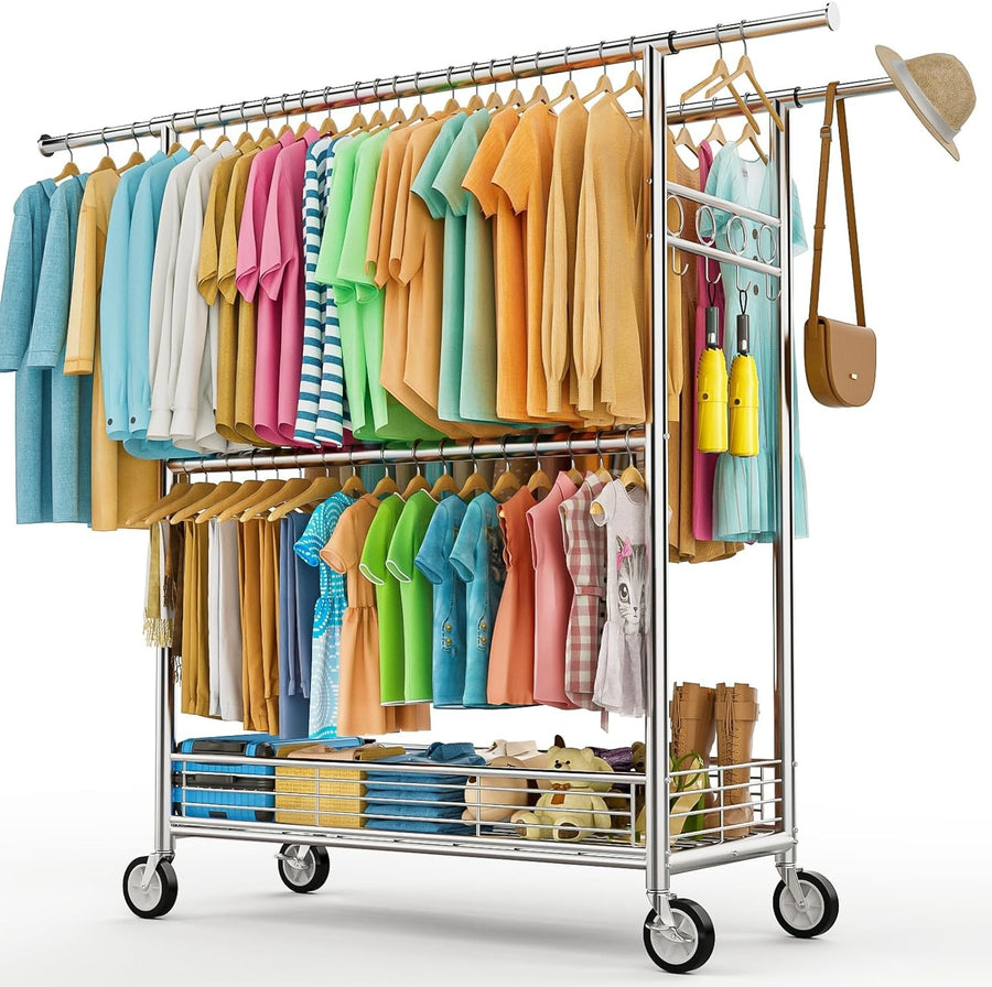 Heavy Duty Extendable Clothes Rail with Wheels, Storage Basket & 3 Hanging Rods