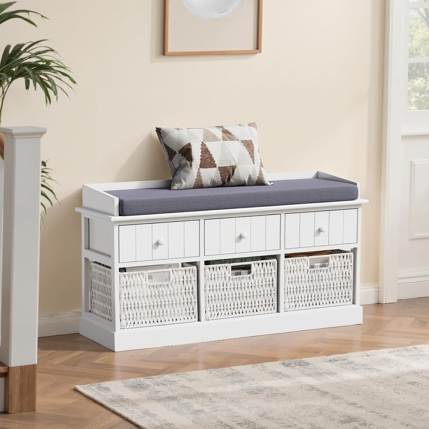 White Storage Bench with Cushion 3 Drawers 3 Wicker Baskets Hallway 100cm