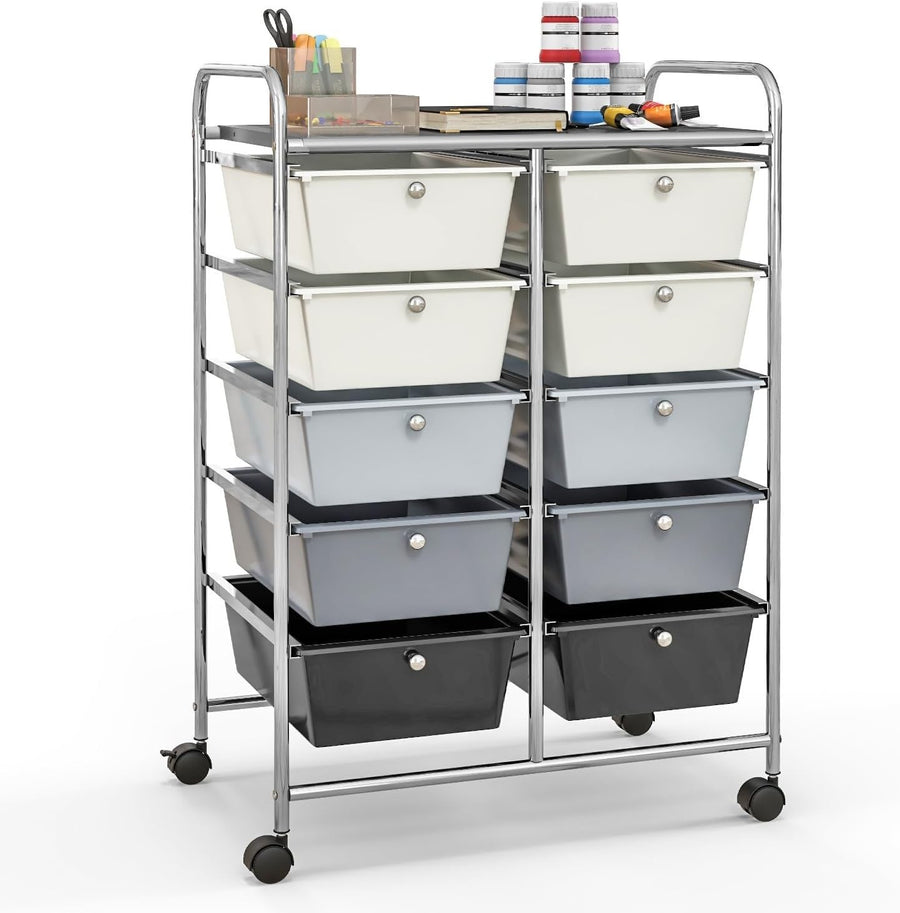 Gradient Grey 10 Drawer Rolling Storage Cart Utility Organizer Trolley