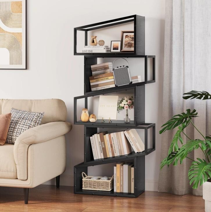 Modern 5 Tier Bookcase Tall Zigzag Bookshelf Display Storage Unit Black