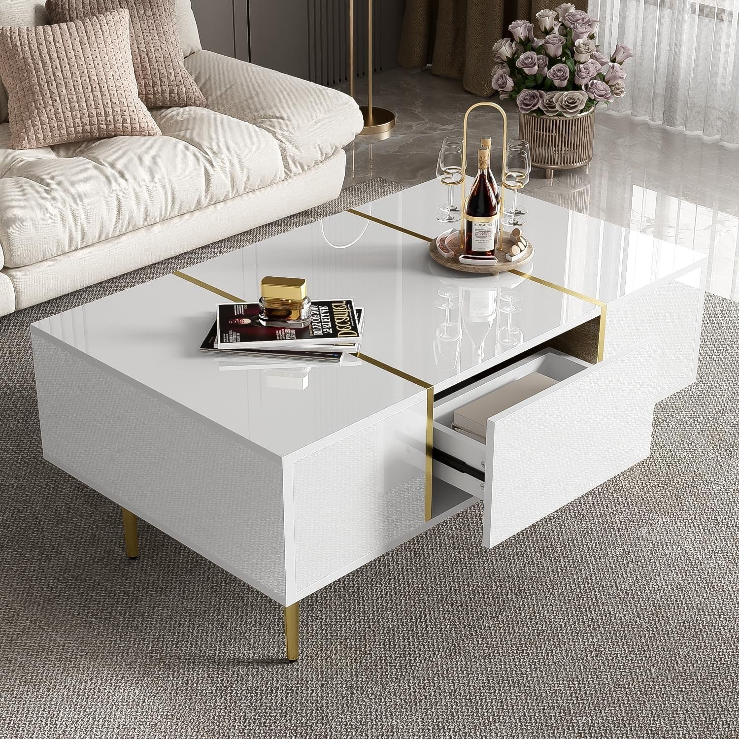 White High-Gloss Coffee Table with Storage Drawers & Gold Accents, 100x60x41cm