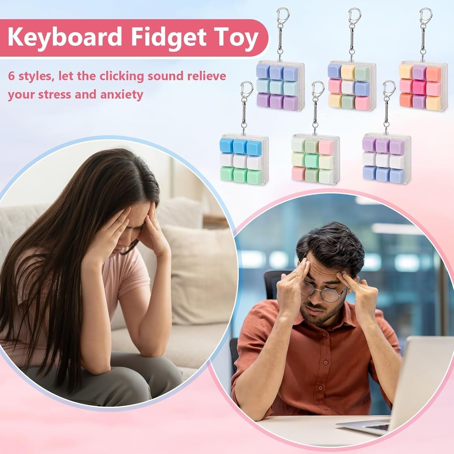 2 Pack Keyboard Fidget Clicker Stress Relief Keychain Toy Pink Green