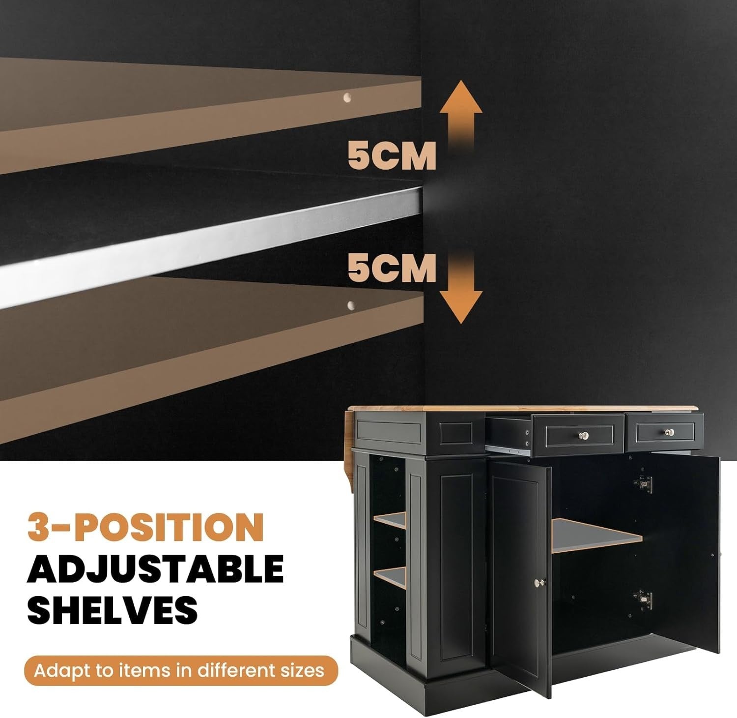 Extendable Kitchen Island Cart with Adjustable Shelves, Drawers & Lockable Stora