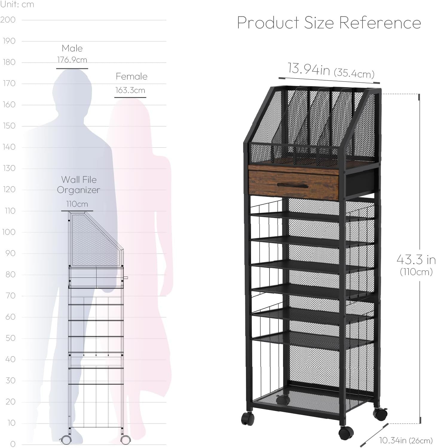 9 Tier Rolling File Cart Office Organizer Desk Storage with Drawer