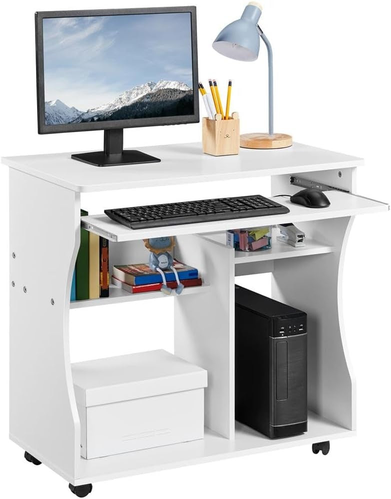 Small Computer Desk on Wheels with Keyboard Tray Storage Shelves Compact Office