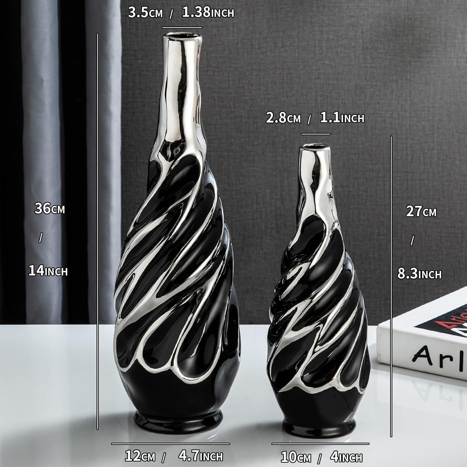 Black Silver Ceramic Vase Set 2 Modern Pampas Grass Table Home Decor