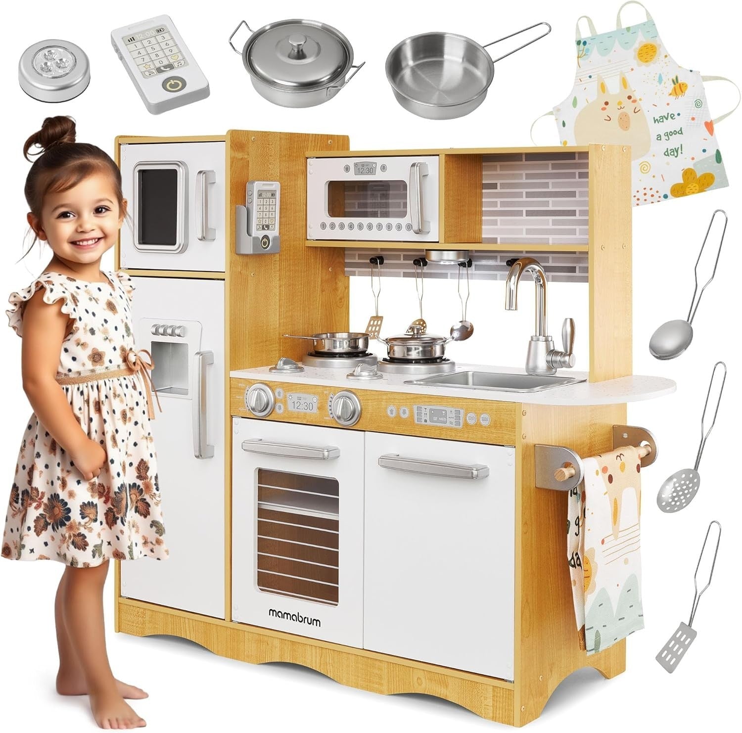 Wooden Kids Play Kitchen LED Lights Pretend Cooking Set Natural XL