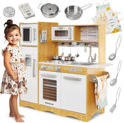 Wooden Kids Play Kitchen LED Lights Pretend Cooking Set Natural XL