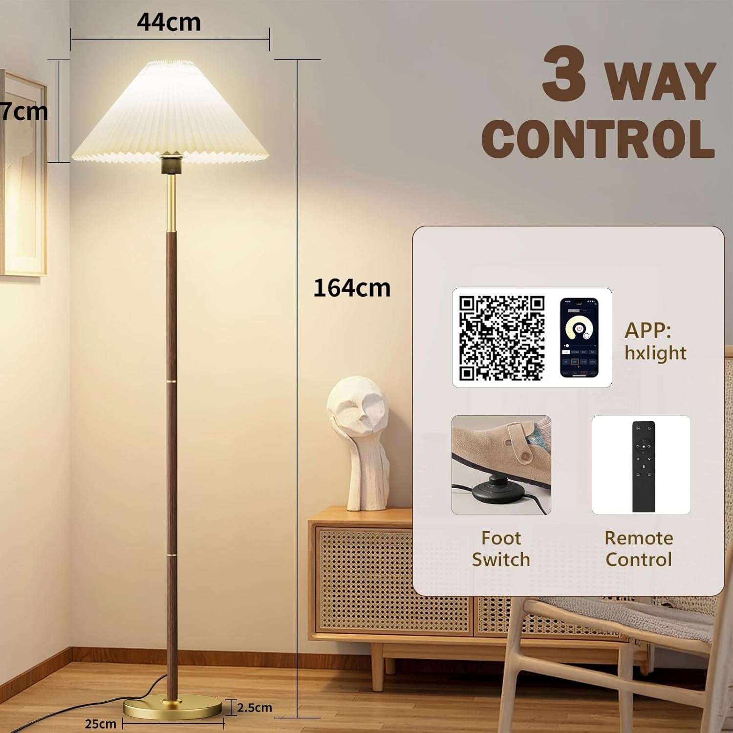 Floor Lamp with Remote App Foot Switch Dimmable Wooden Standing Light