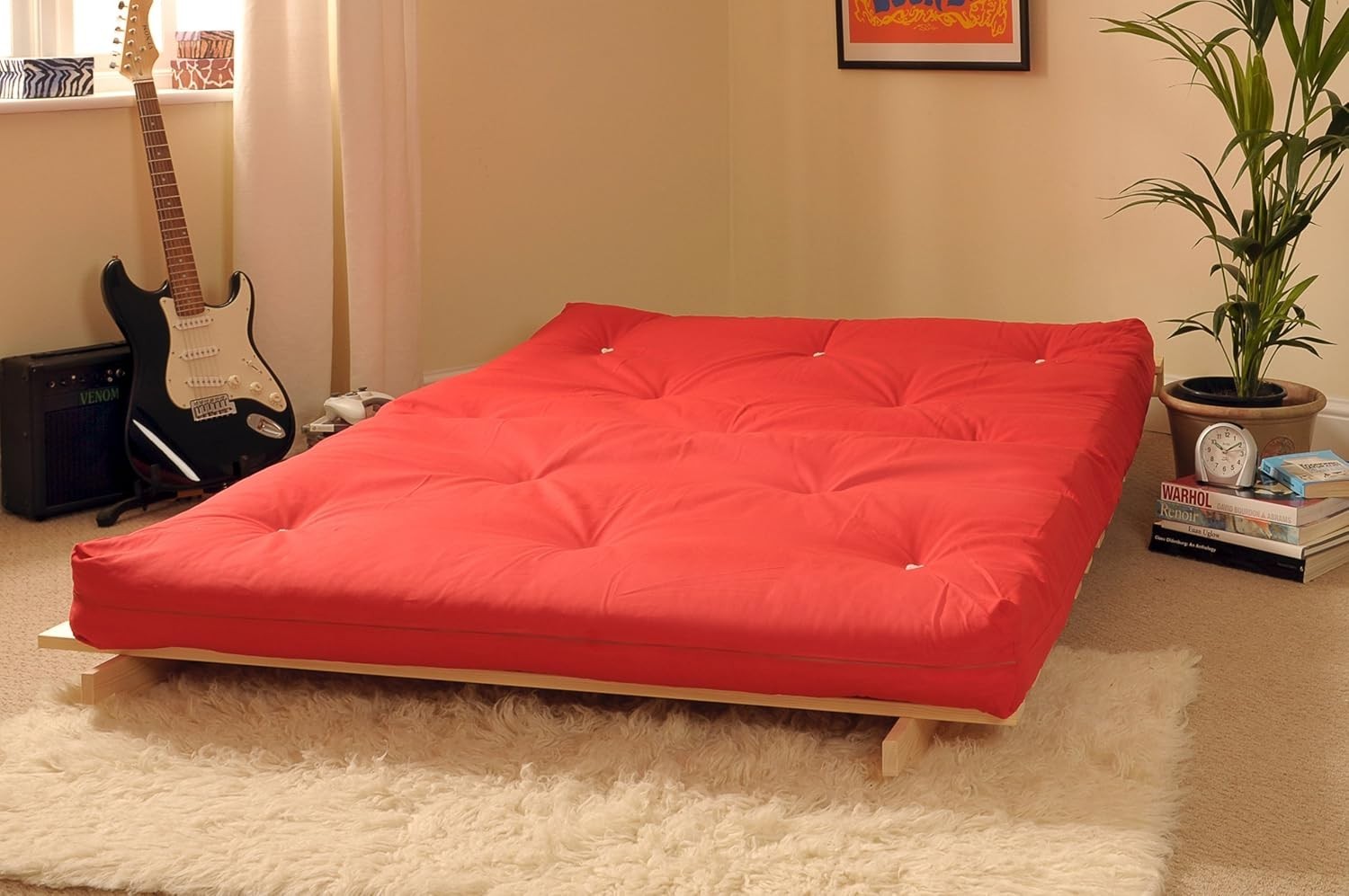 4ft Small Double Wooden Futon Sofa Bed Red Tufted Cotton Mattress Compact