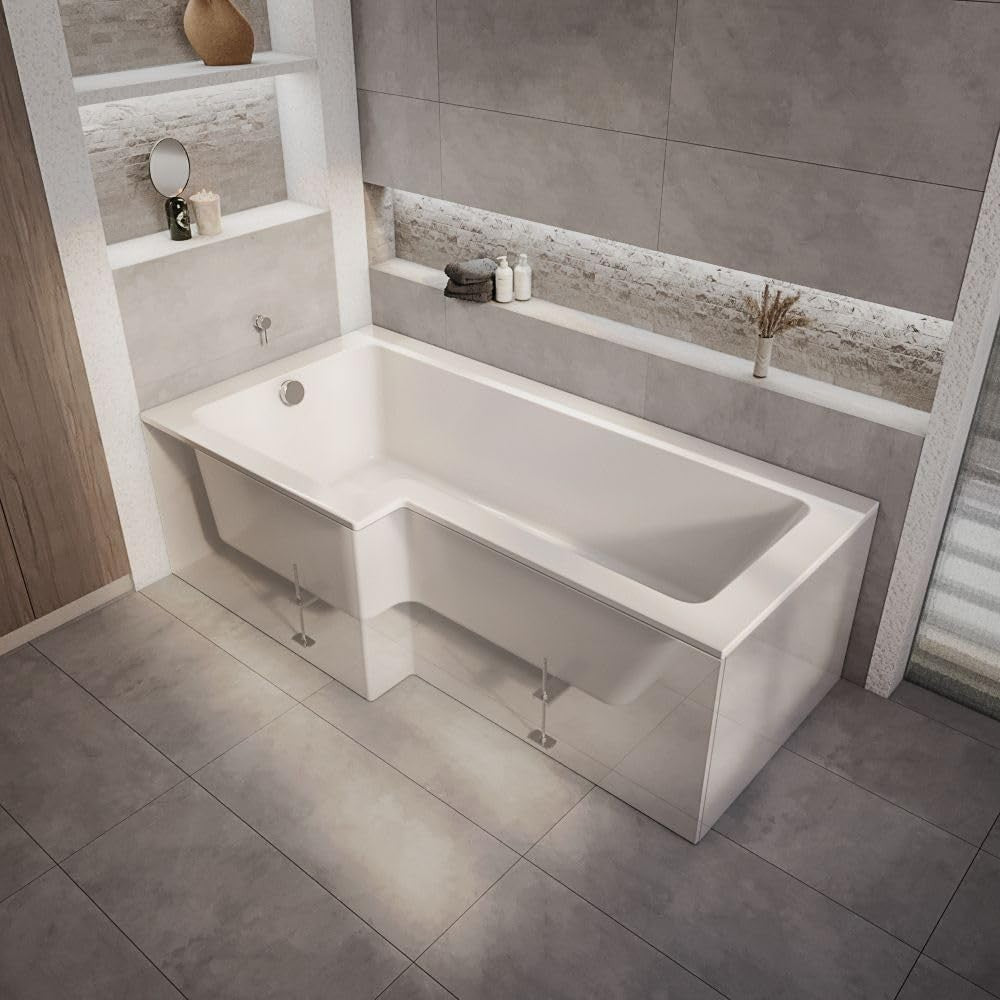 White Left Hand Square Shower Bath 1700x850mm Modern Acrylic