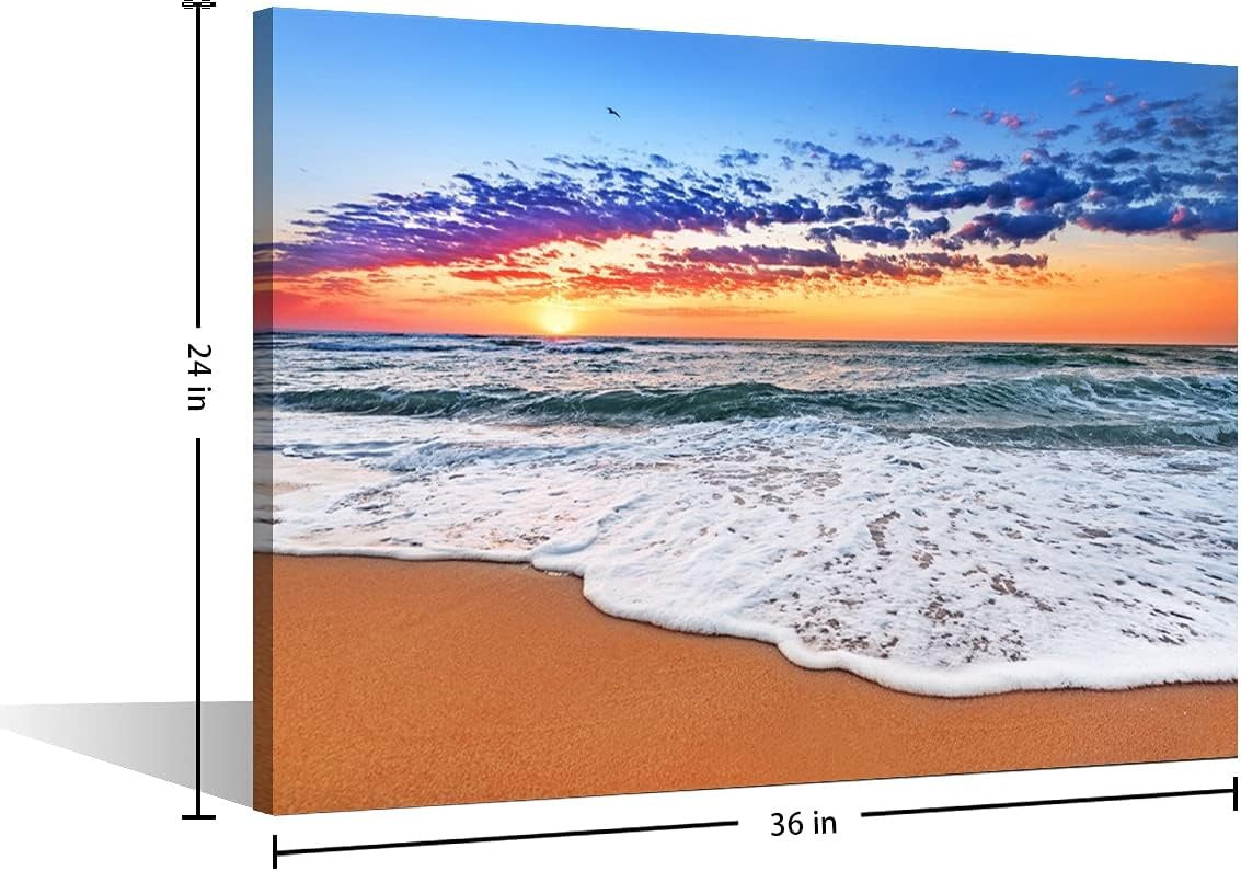 Large Beach Sunset Canvas Wall Art 36x24in Framed Seascape
