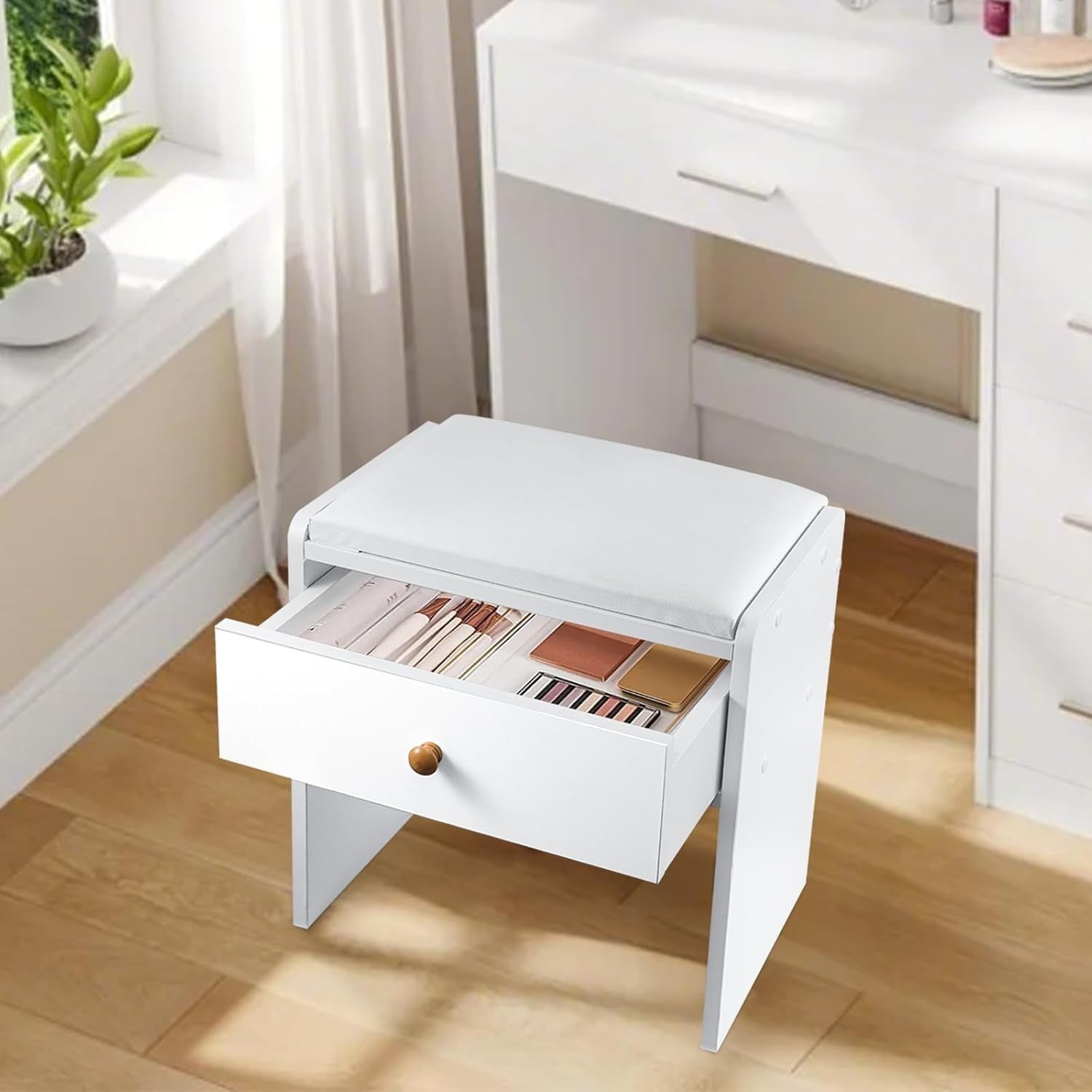 White Padded Vanity Stool with Drawer – Soft PU Makeup Chair for Bedroom