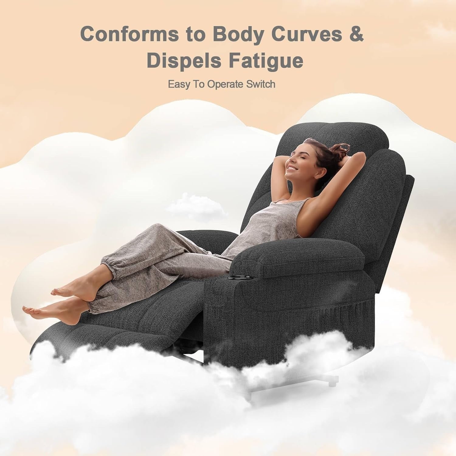 Power Lift Recliner Chair Massage Heat USB Type-C Cup Holders Fabric Deep Grey