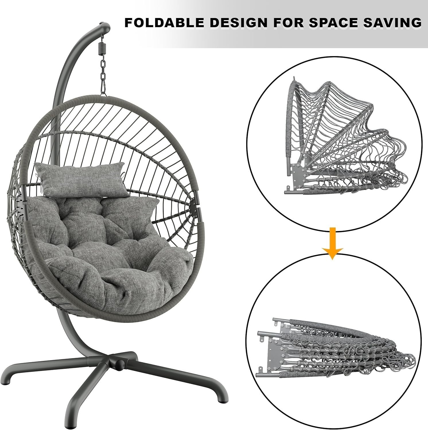 Foldable Rattan Hanging Egg Chair with Stand & Cushion for Indoor Outdoor