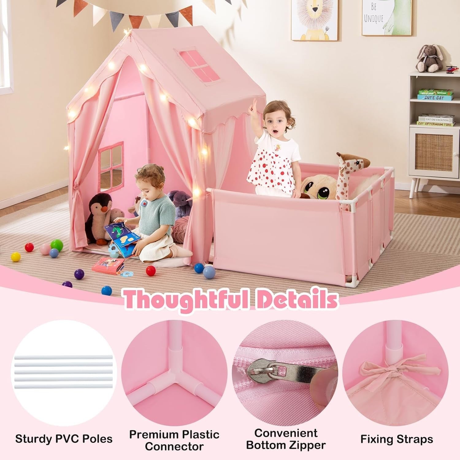 Kids Play Tent Pink Castle with Lights Mat Indoor Toddler Playhouse