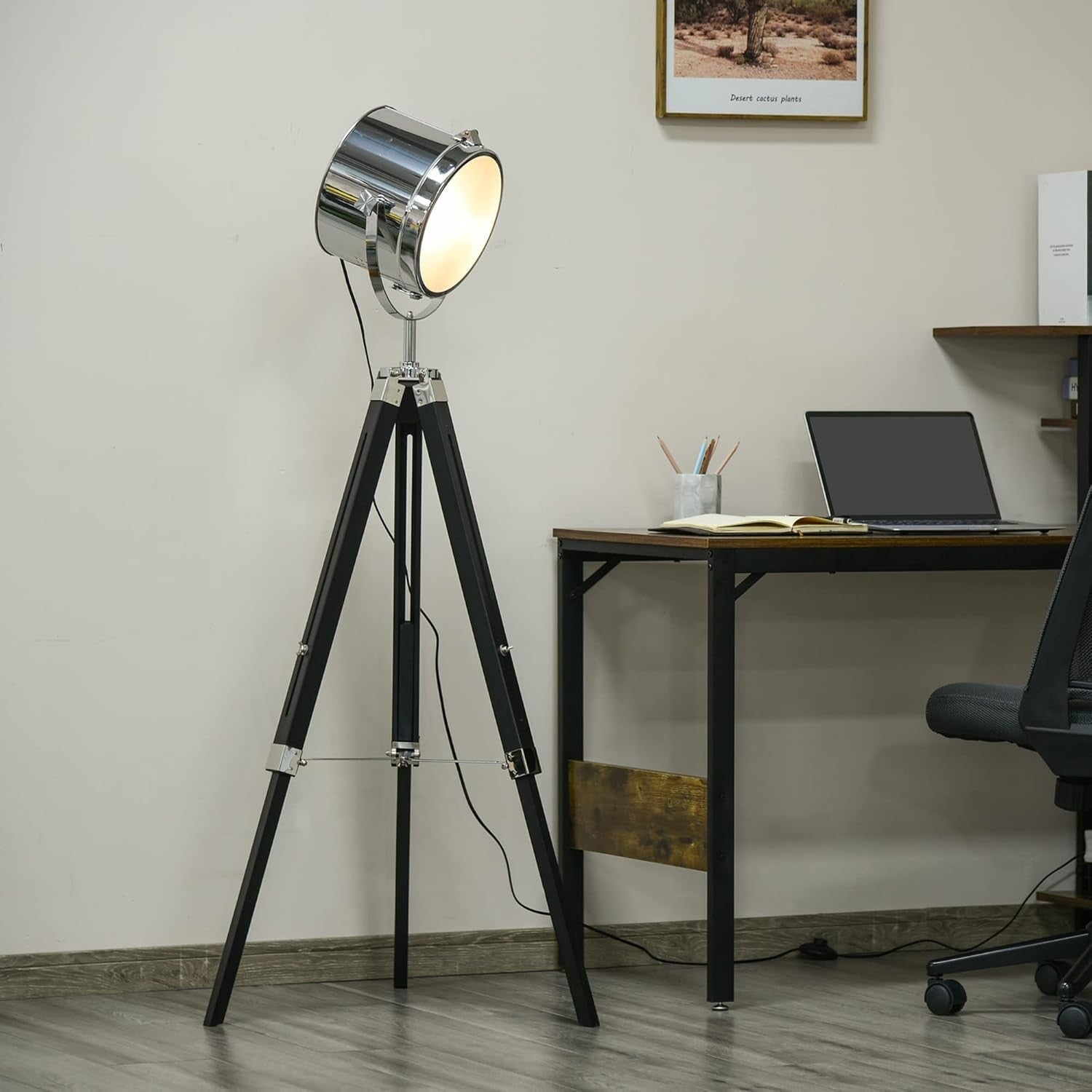 Adjustable Tripod Floor Lamp Industrial Style Searchlight with Wooden Legs