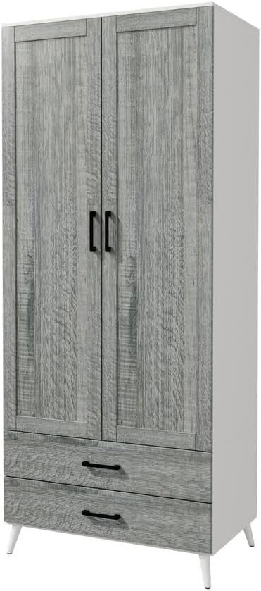 Modern White Ash Grey Wardrobe 2 Doors 2 Drawers Bedroom Storage Unit