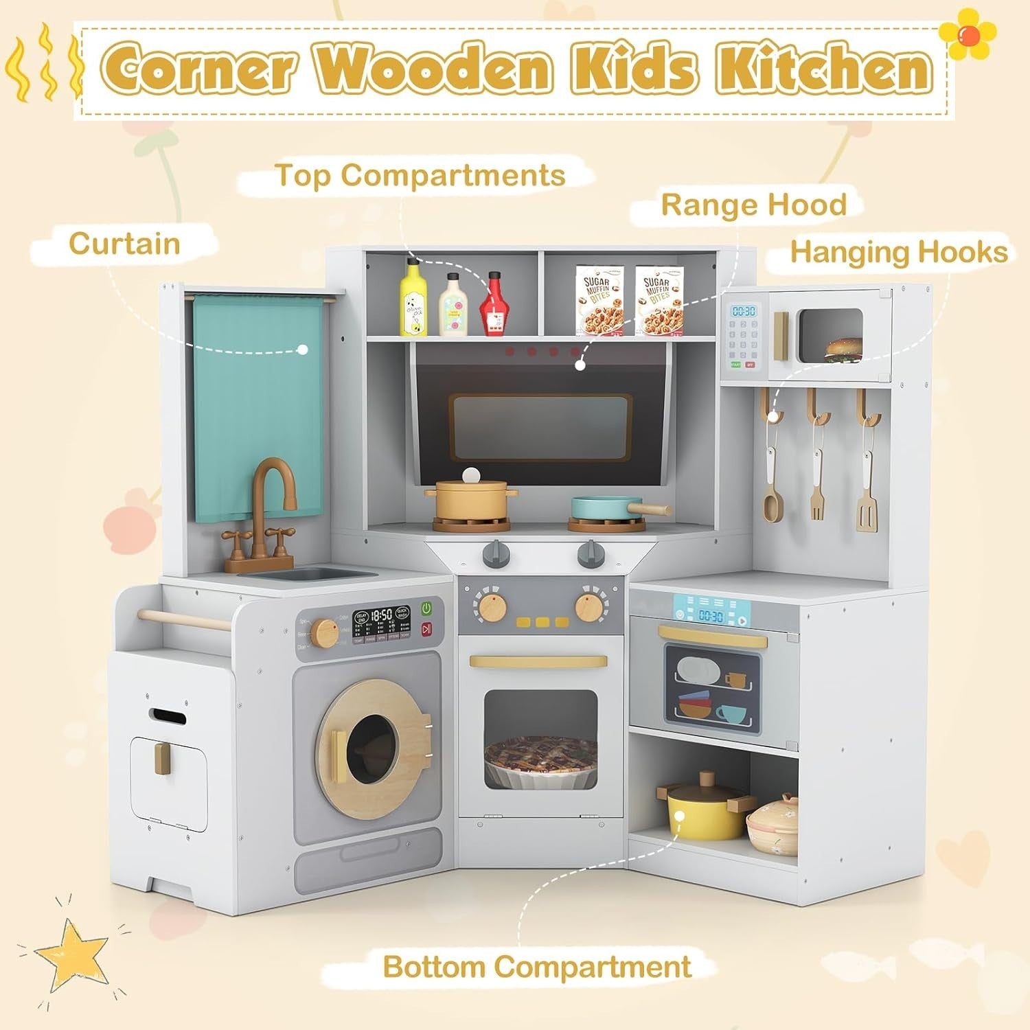 Corner Kids Play Kitchen Lights Sounds Washer Grey Chef Toy