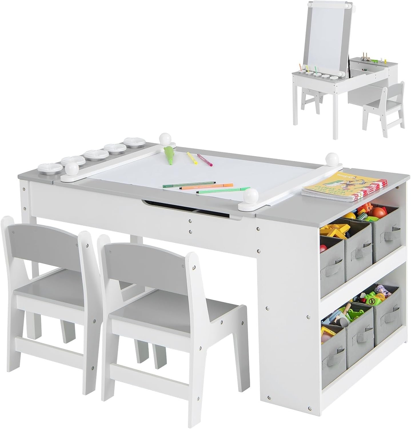 Kids Art Table & Chair Set Easel Desk w/ Storage Bins & Paint Cups