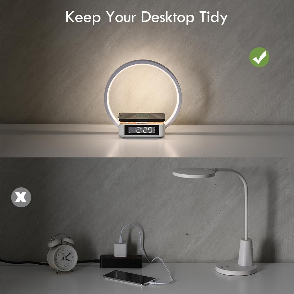 Wireless Charging Alarm Clock Lamp Touch Dimmable Sunrise Wake Light White
