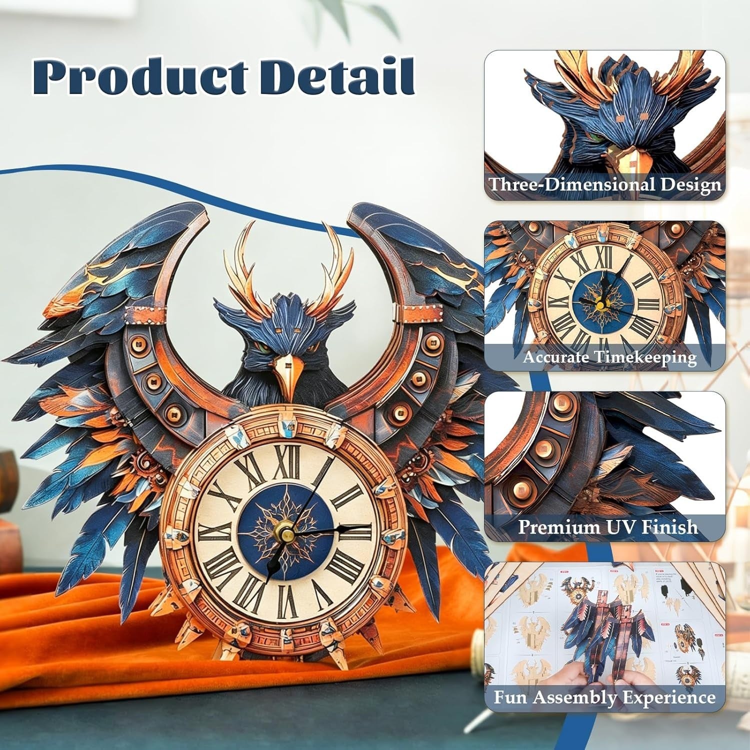 3D Thunderbird Wall Clock Puzzle Wooden Mechanical DIY Home Decor