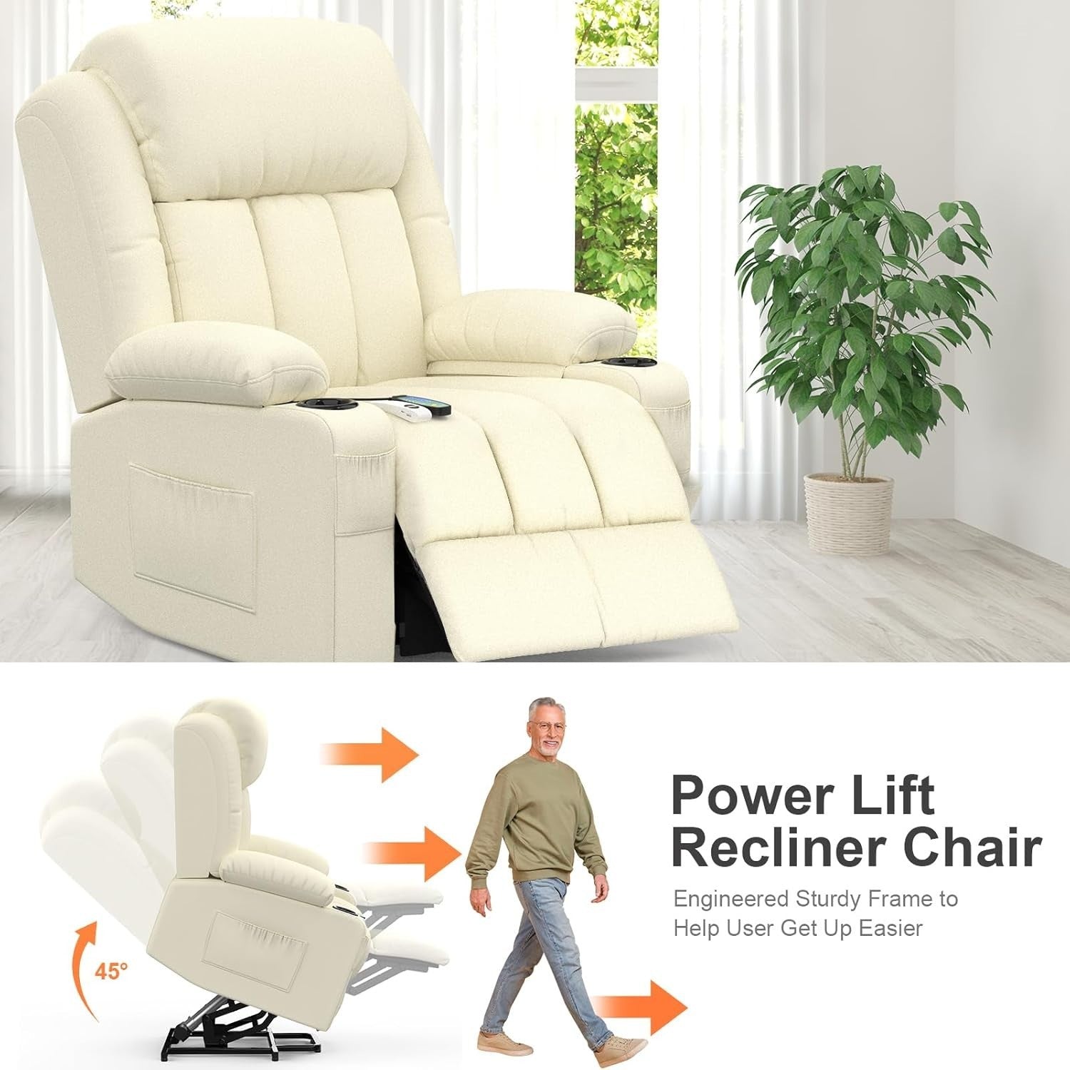 Power Lift Recliner Chair Massage Heat USB Ports Cup Holders Faux Leather Beige
