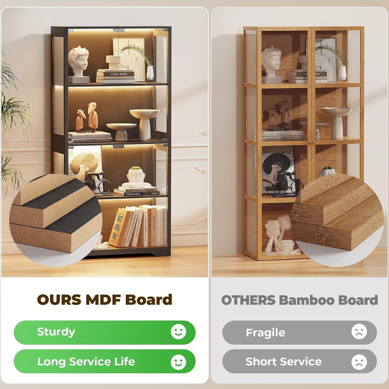 LED Display Cabinet with Glass Doors, Sensor Lighting, Tall Storage Shelf