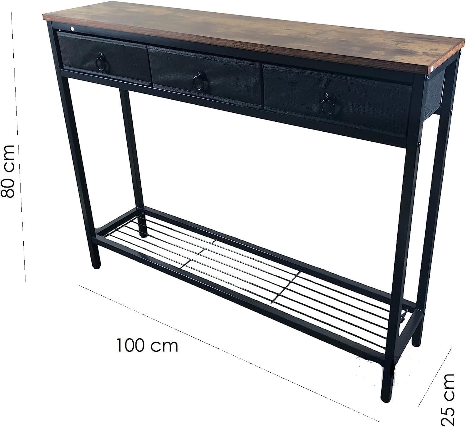 Slim Industrial Console Table with Storage, 3 Drawers & Shelf, Rustic Brown