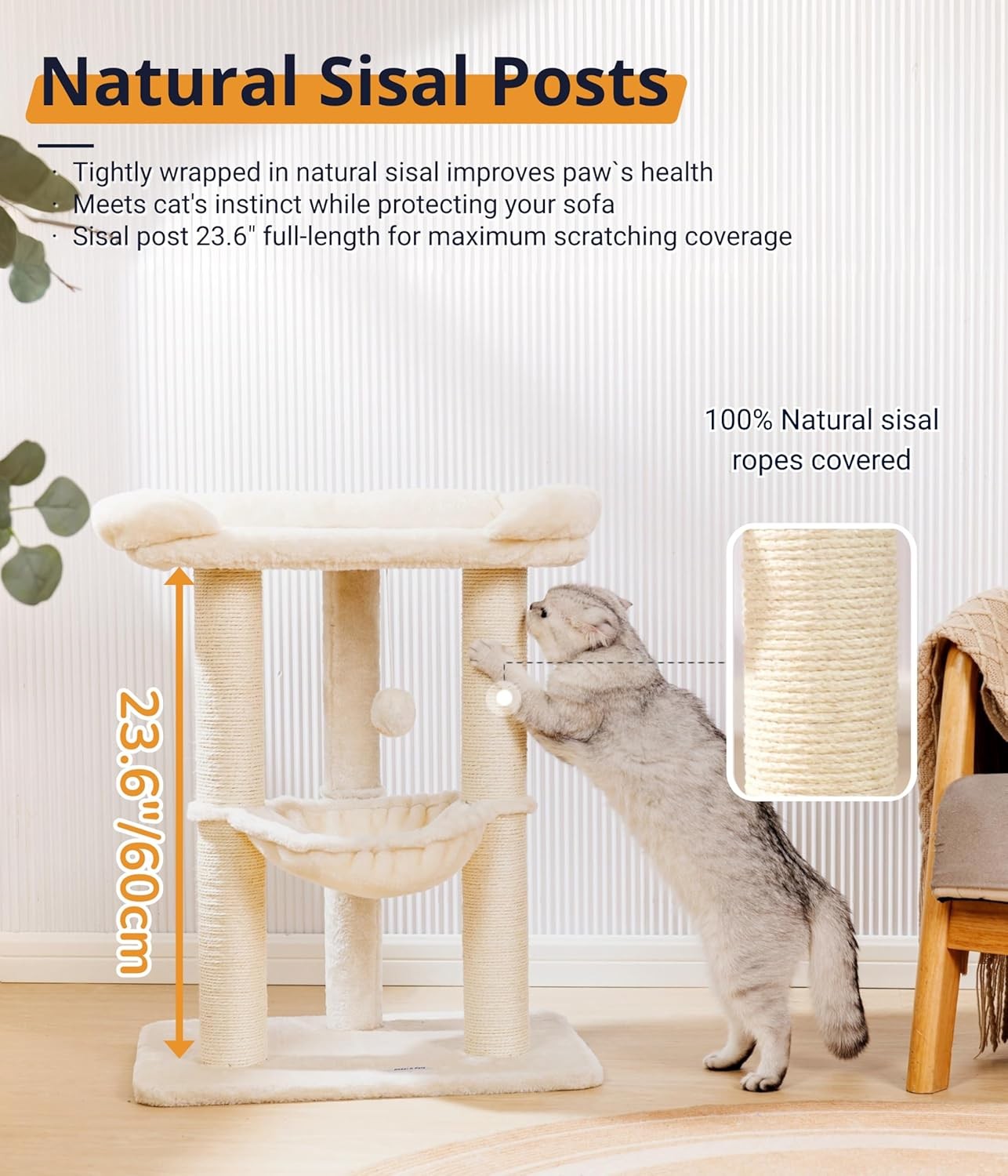 71cm Cat Tree Tower with Large Bed Hammock Sisal Scratching Posts Indoor