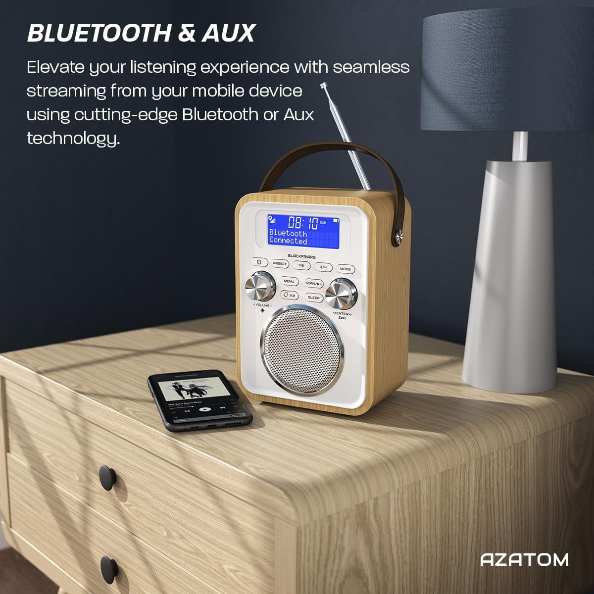 Light Oak Portable DAB DAB+ FM Radio Bluetooth Rechargeable Dual Alarm