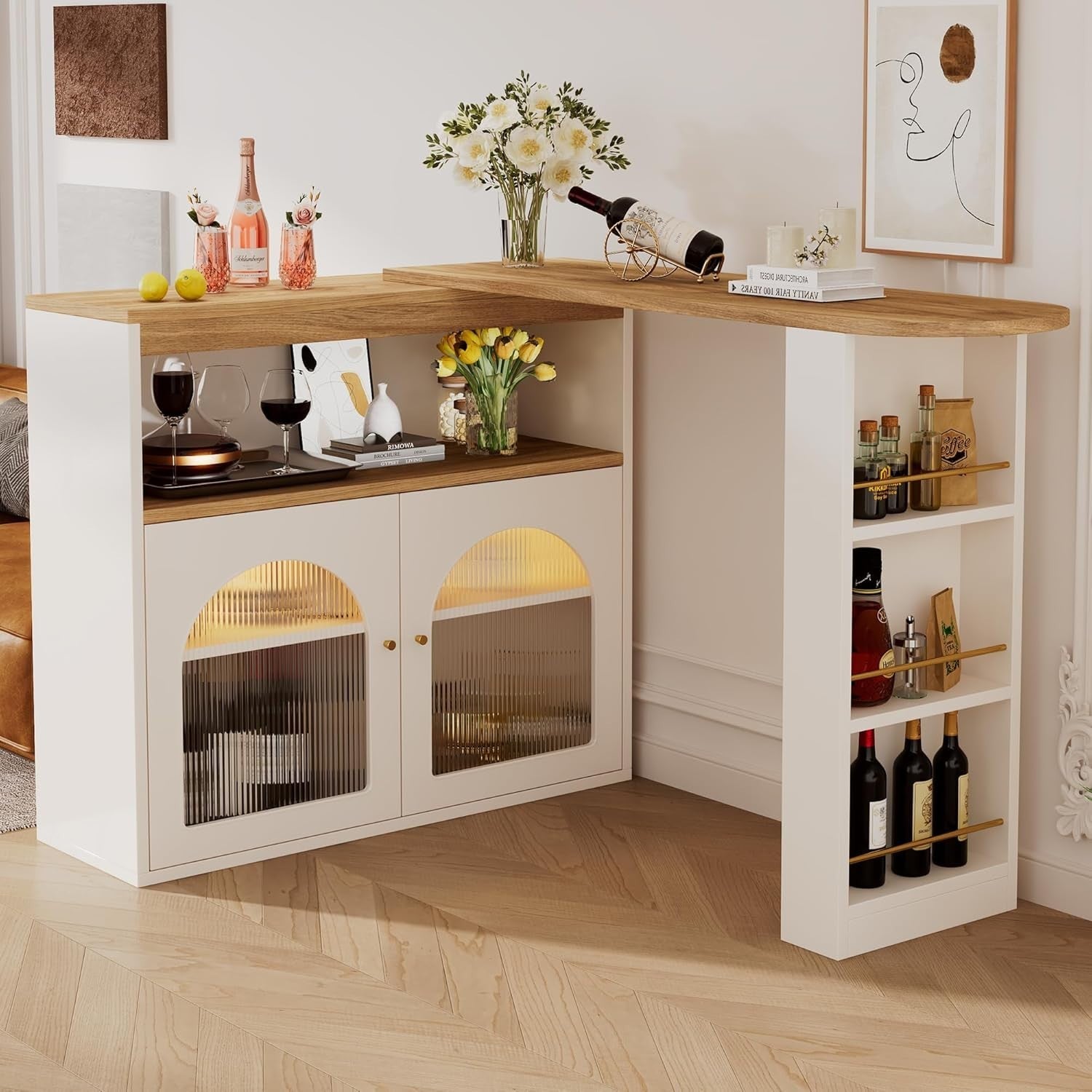White Kitchen Island Table with LED Light, Swivel Dining Bar & Storage 193CM