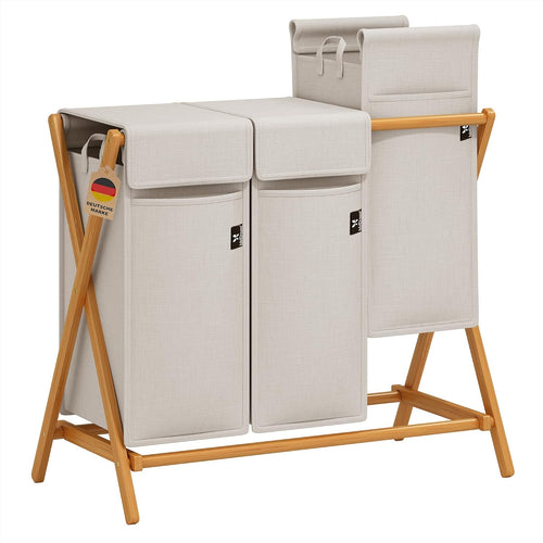 3 Compartment Bamboo Laundry Hamper 150L Foldable Sorting Basket with Lid