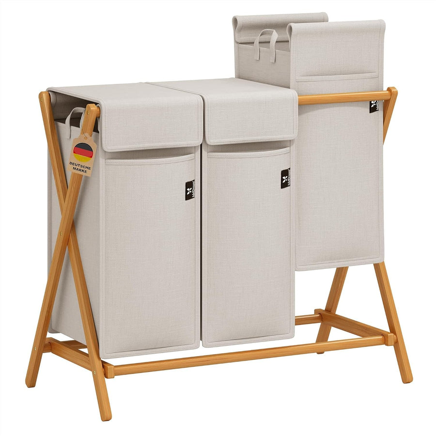 3 Compartment Bamboo Laundry Hamper 150L Foldable Sorting Basket with Lid