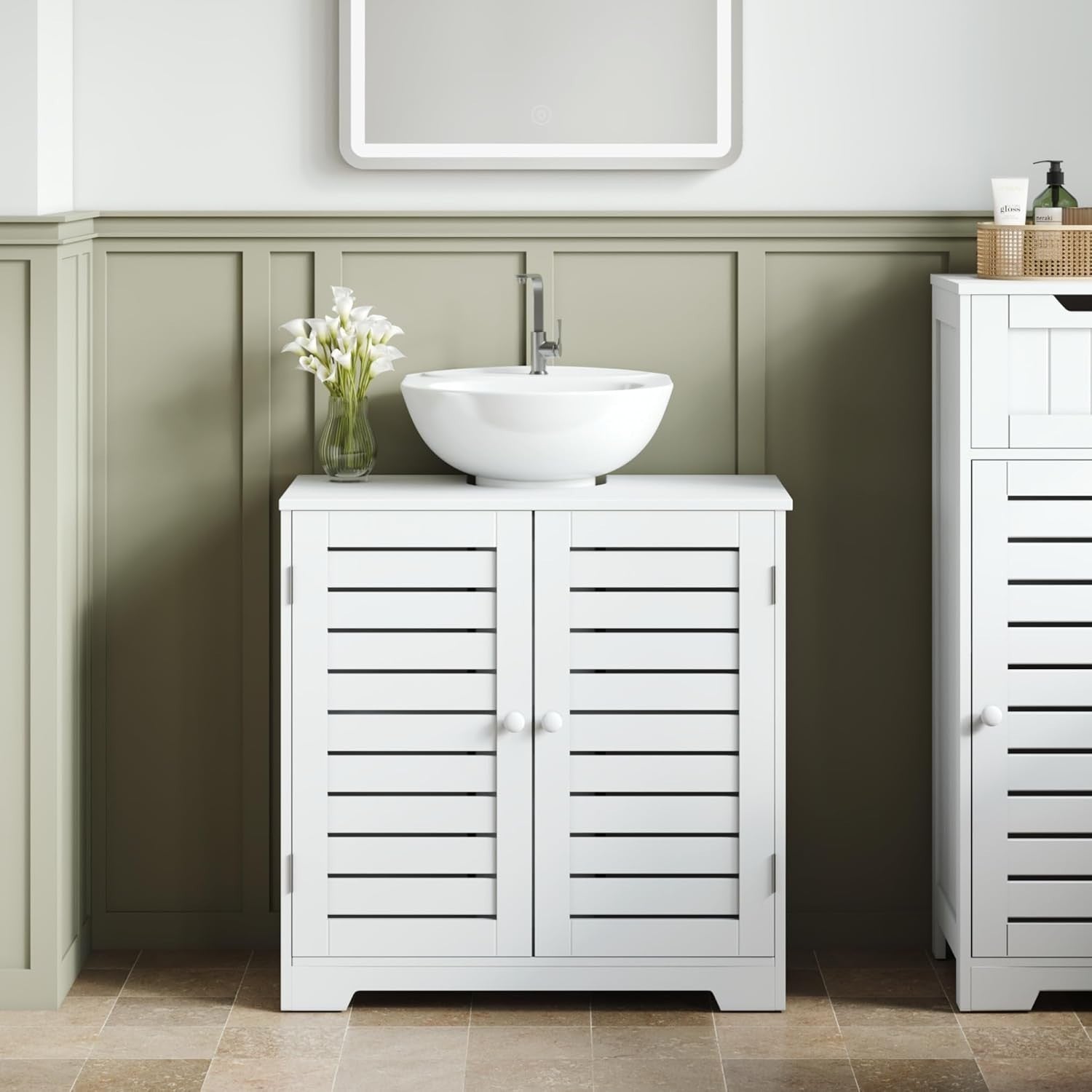 White Under Sink Bathroom Cabinet 2 Door Storage Unit Modern Slim 60x30cm