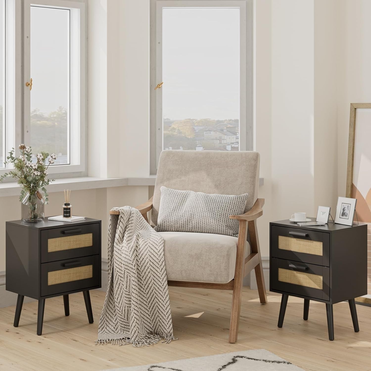Rattan Bedside Table with 2 Drawers – Modern Wood Nightstand Storage