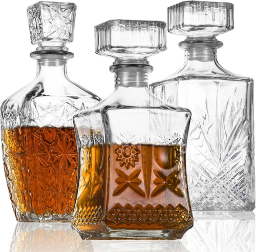 Luxury Glass Whiskey Decanter Set of 3 Vintage Cut Bar Bottles