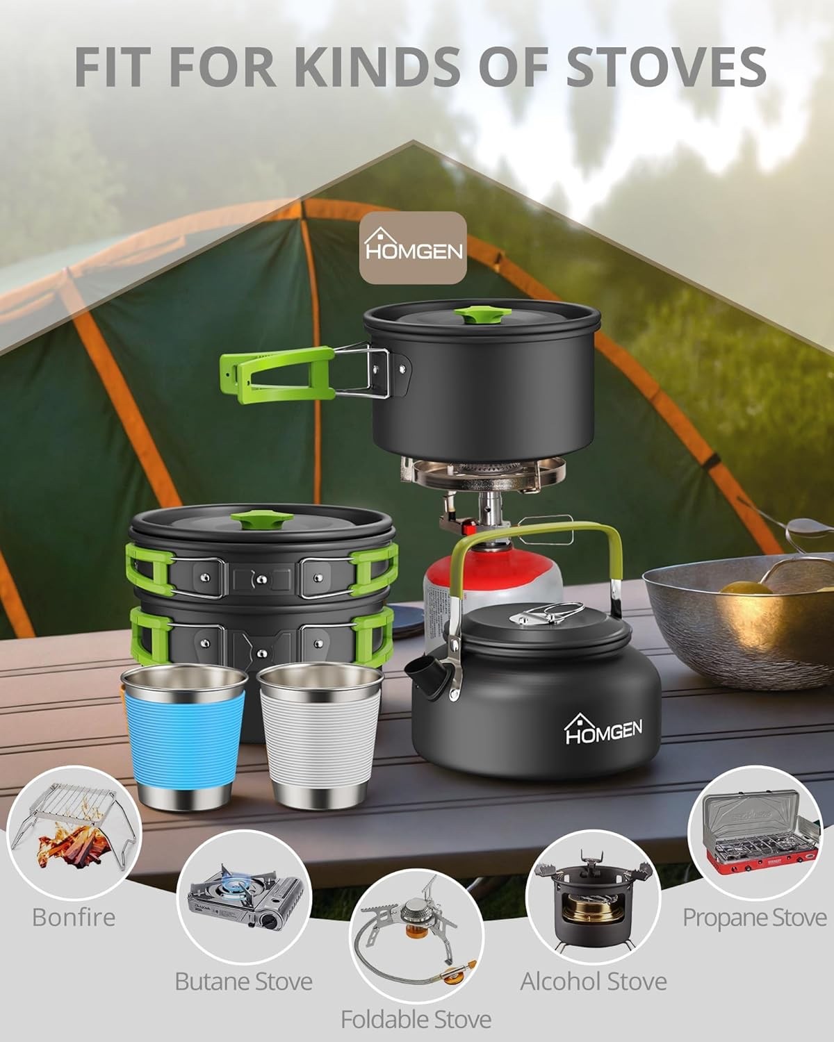 Green Camping Cookware Set with Pot Frying Pan, Kettle & Utensils for 2–3 People