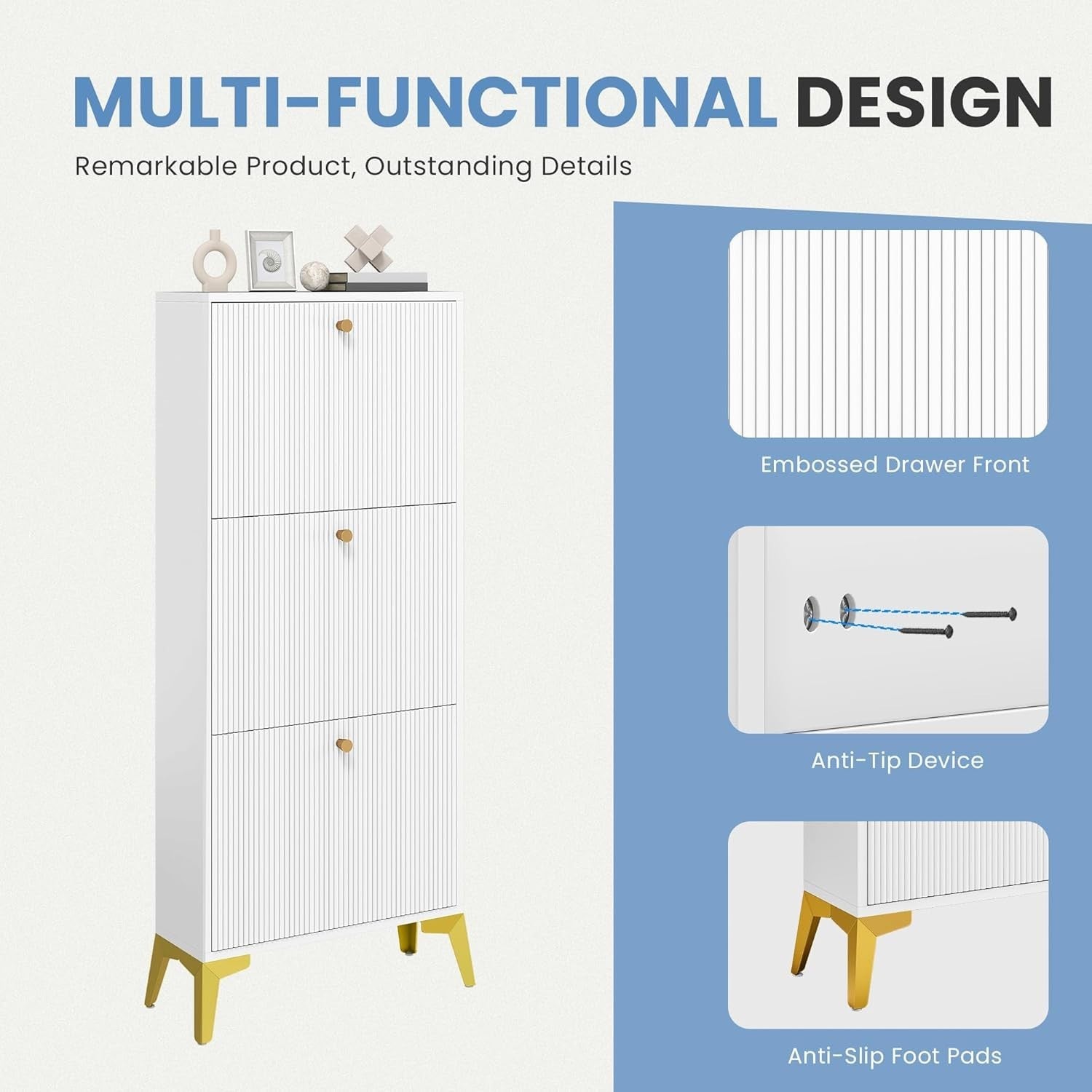 Slim White Shoe Cabinet with 3 Flip Drawers & Anti-Tip, Space-Saving Storage